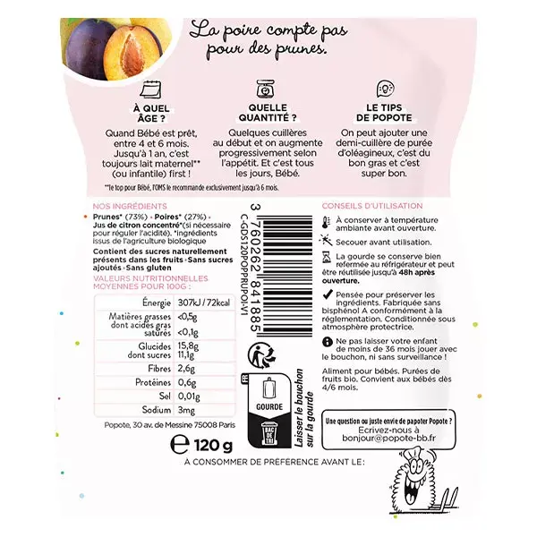 Popote les Fruits Ameixas e Peras 4-6 meses Orgânico 120g