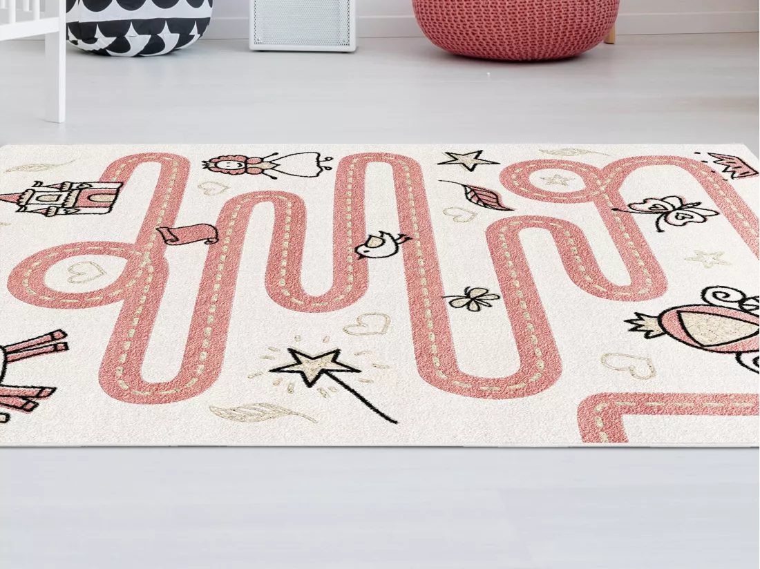 Tapis enfant ludique à motifs féériques - 100 x 150 cm - Rose - CHEMINIO