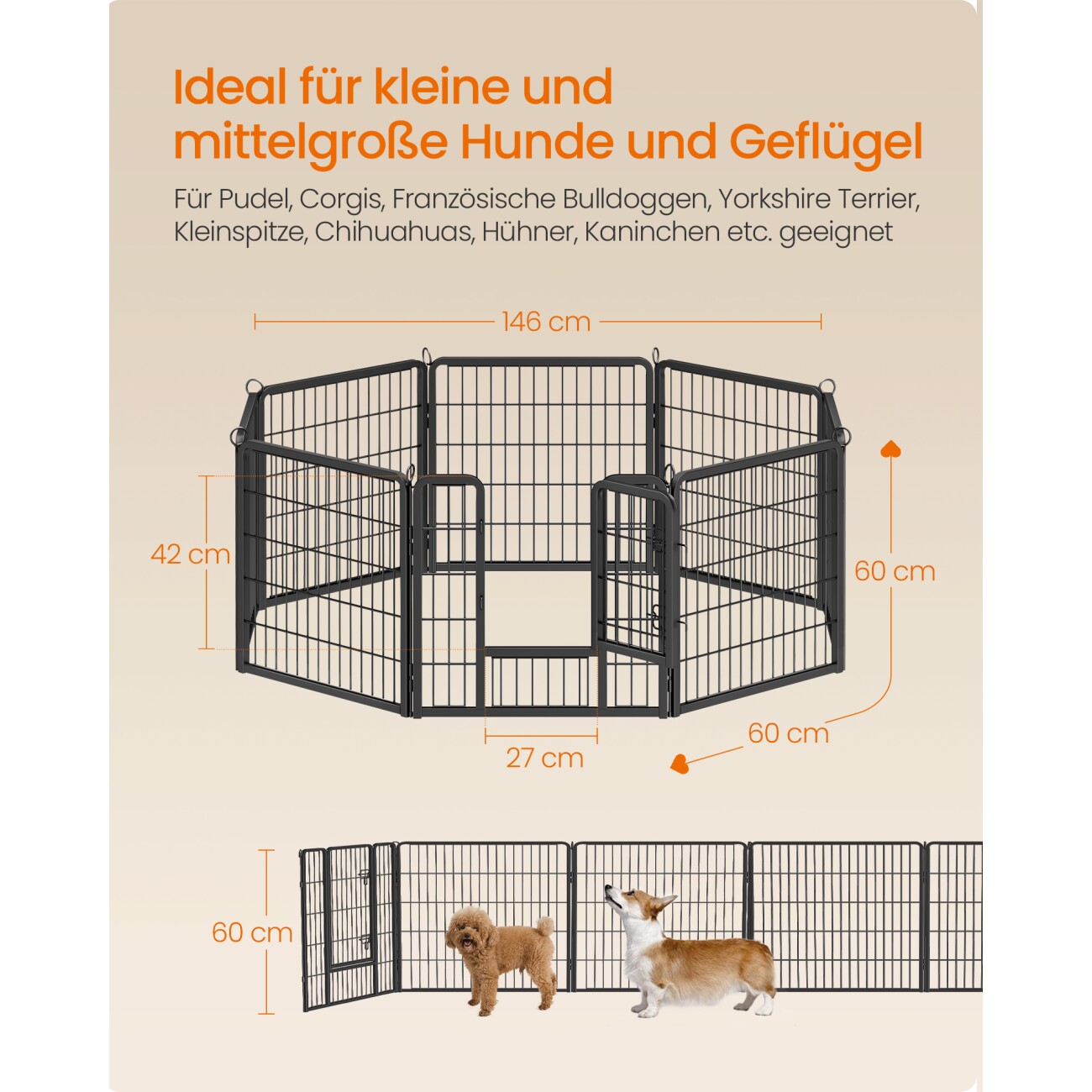 FEANDREA L-XXL Hundezaun 8 Platten transportabel schwarz 1,2 m, 1,2 m, 60 cm