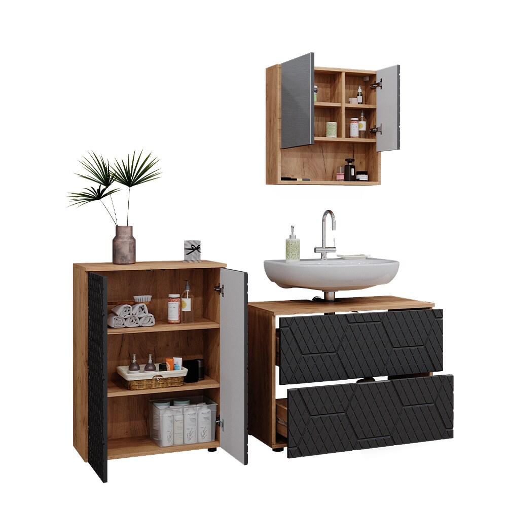 Vicco Badmöbel-Set Irma Eiche Anthrazit 3-teilig Kommode Waschbeckenschrank 80 cm