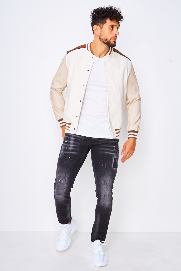 Bomber beige/marron manches simili cuir