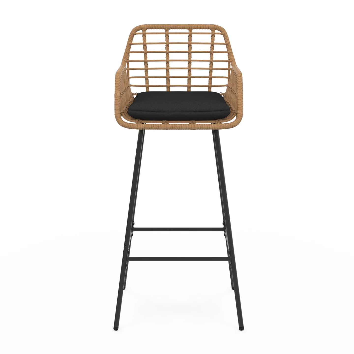 Lot de 2 tabourets de bar SUMMER avec accoudoirs effet rotin beige pied métal noir