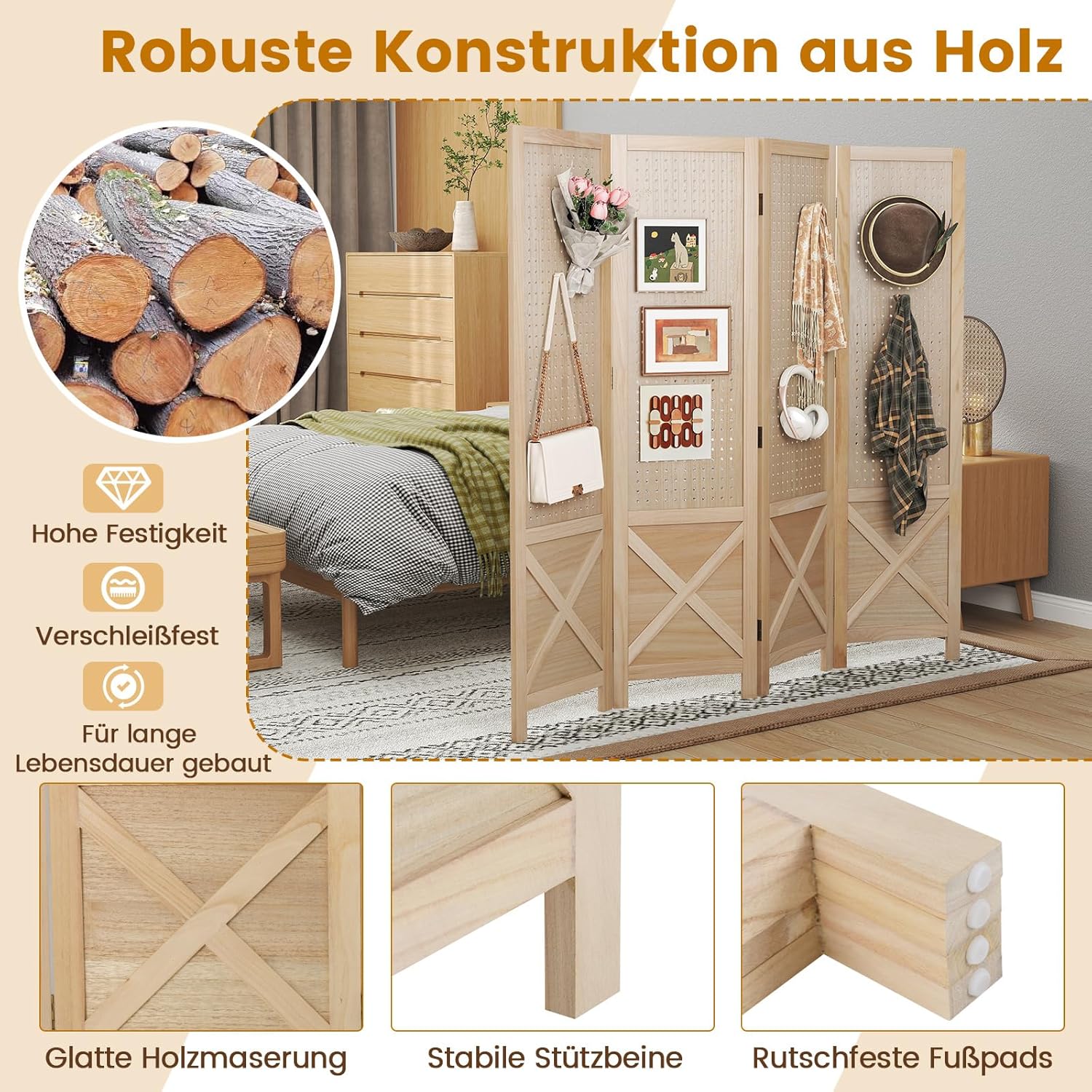 COSTWAY Paravent mit Stecktafel, 153,5 x 144 cm, Raumteiler klappbar, 4 teilige Trennwand Holzrahmen, Sichtschutz Innen Outdoor, dekorativ, Natur