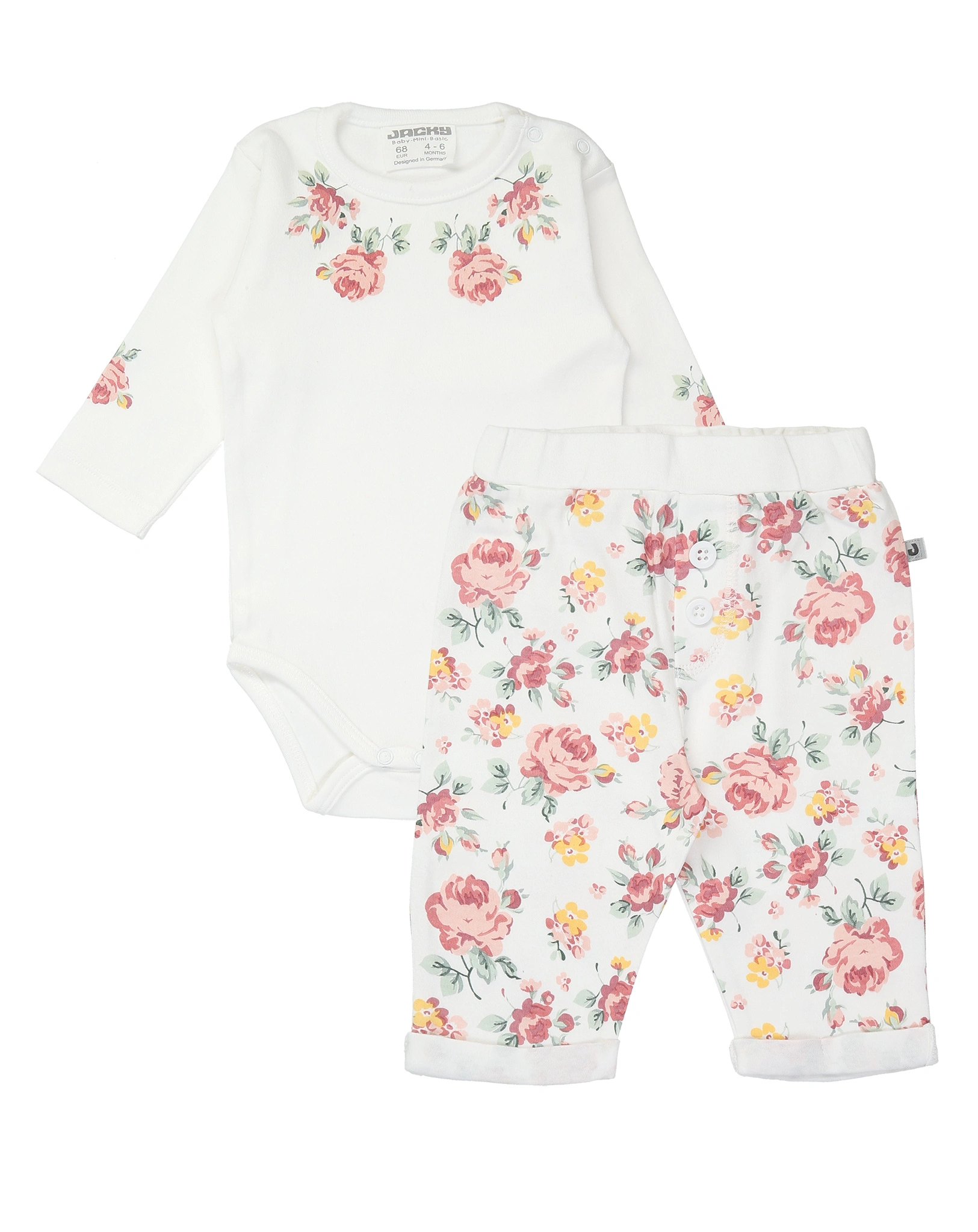 Langarmbody ROSES und Sarouelhose in weiß