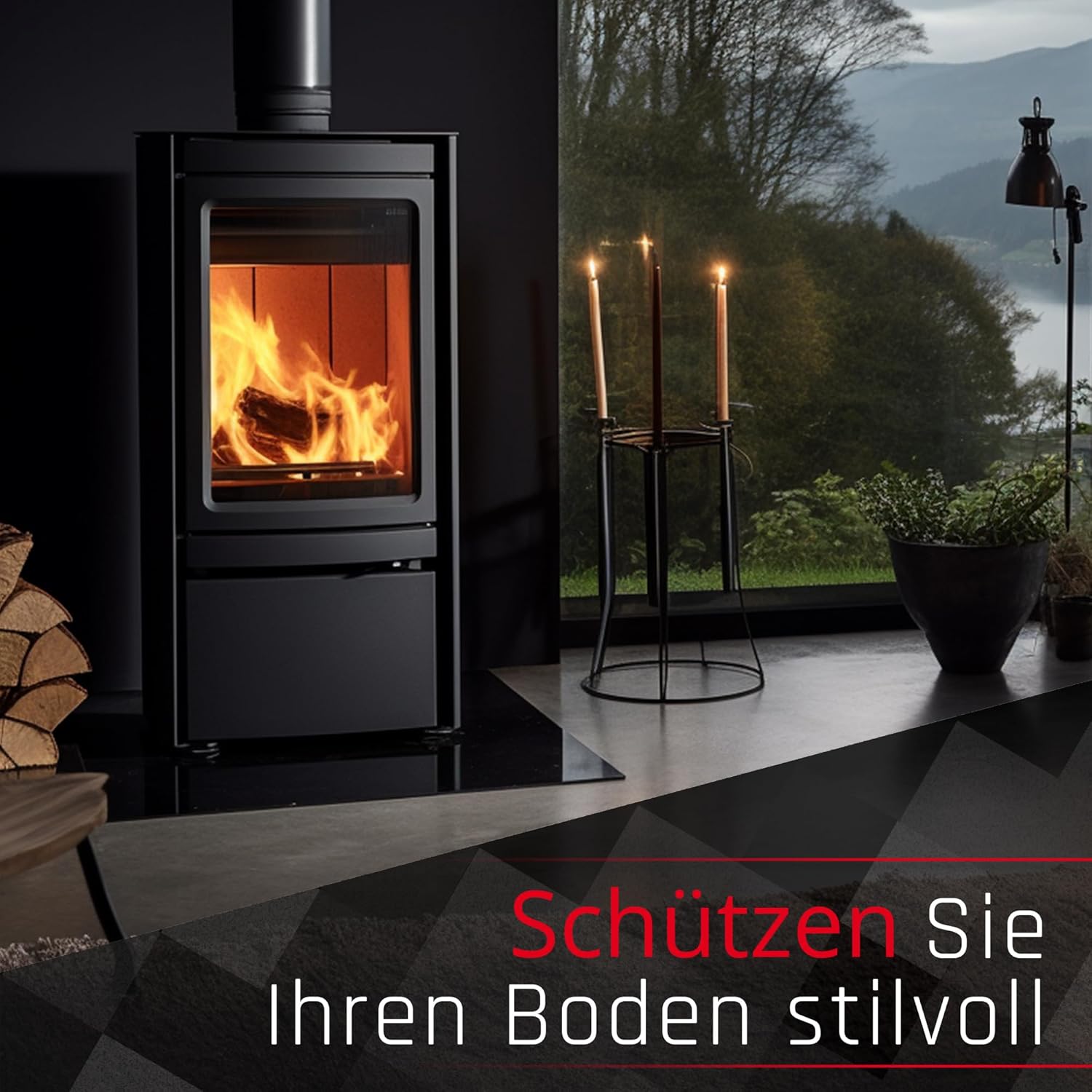 BIJON Funkenschutz-Platte Schwarz mit polierter Kante, Glasplatte Kaminofen, Kaminschutz mit ESG Sicherheitsglas, Kamin Zubehör, Kamin Glasplatte, Quadrat 100 x 100 cm, 6mm