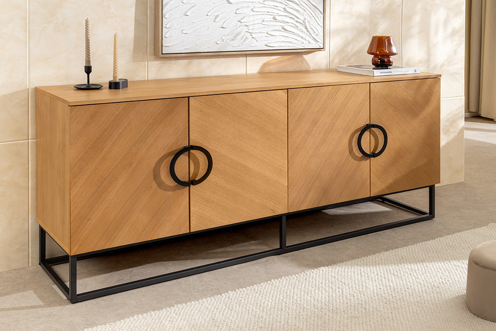Industrial Sideboard GRANDEZZA 180cm natur Eiche schwarz Metall viel Stauraum