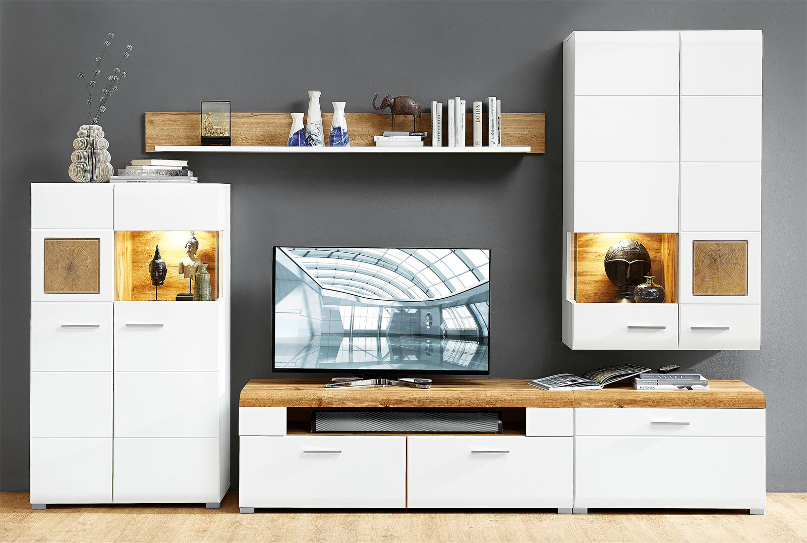 Wohnwand SOLID 320 x 205 x 47 cm 4-teilig weiß/braun
