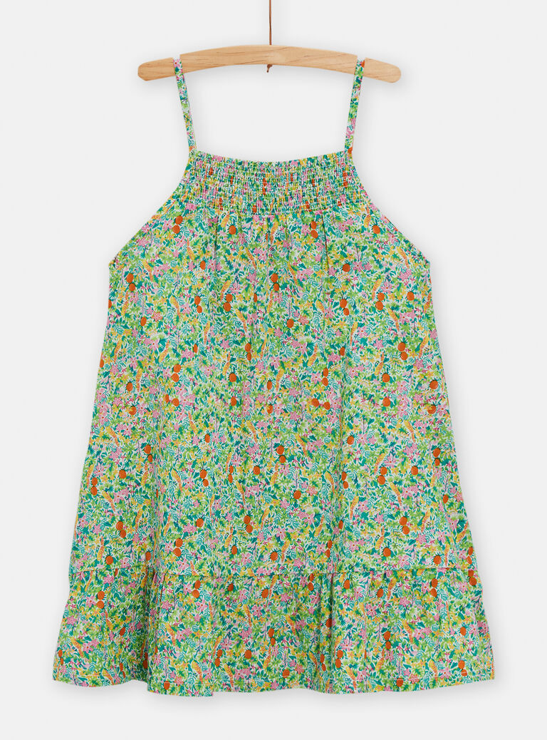 Robe à bretelles vert imprimé tropique pour fille
