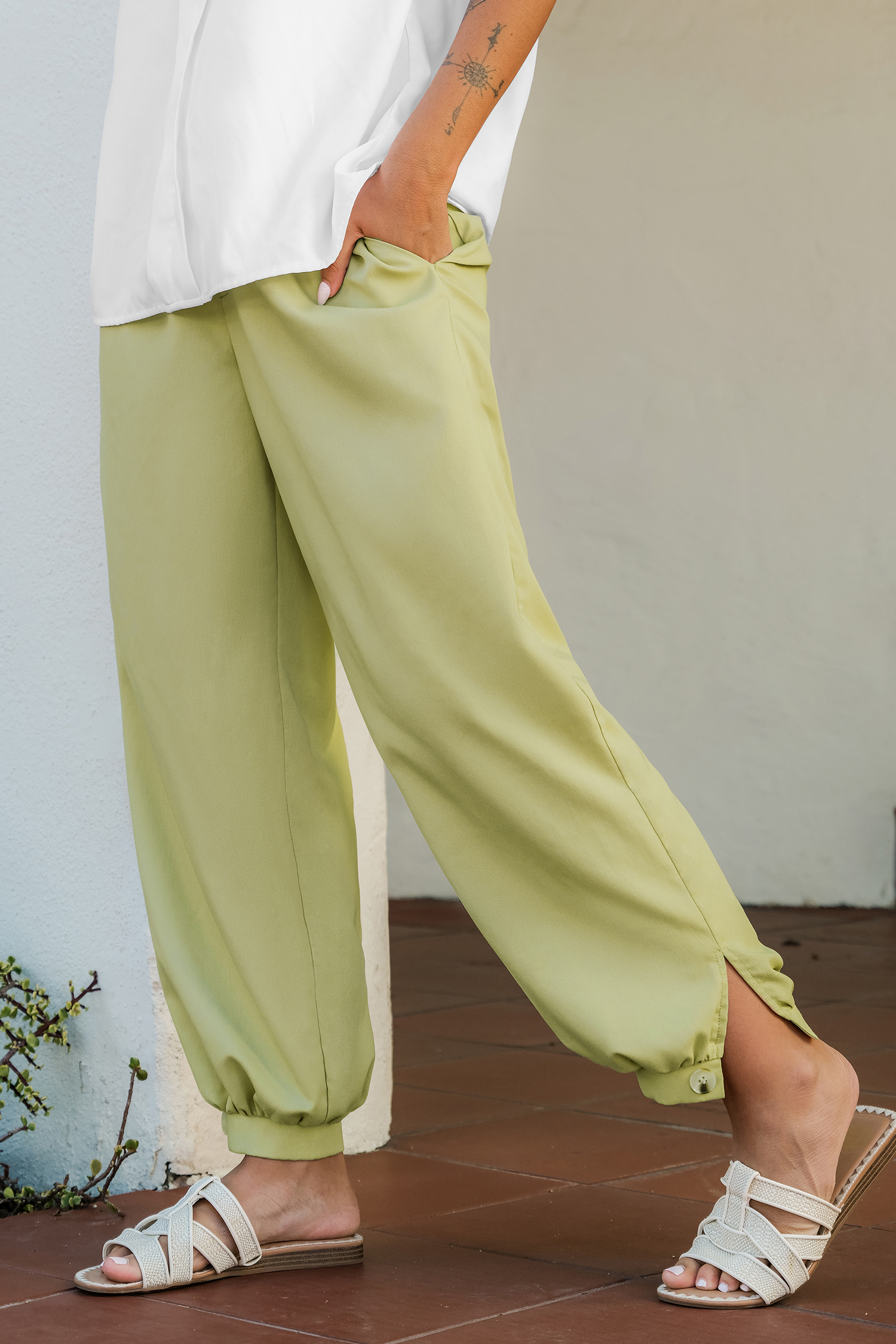 Pantalon à jambes trapèze avec nervure vert