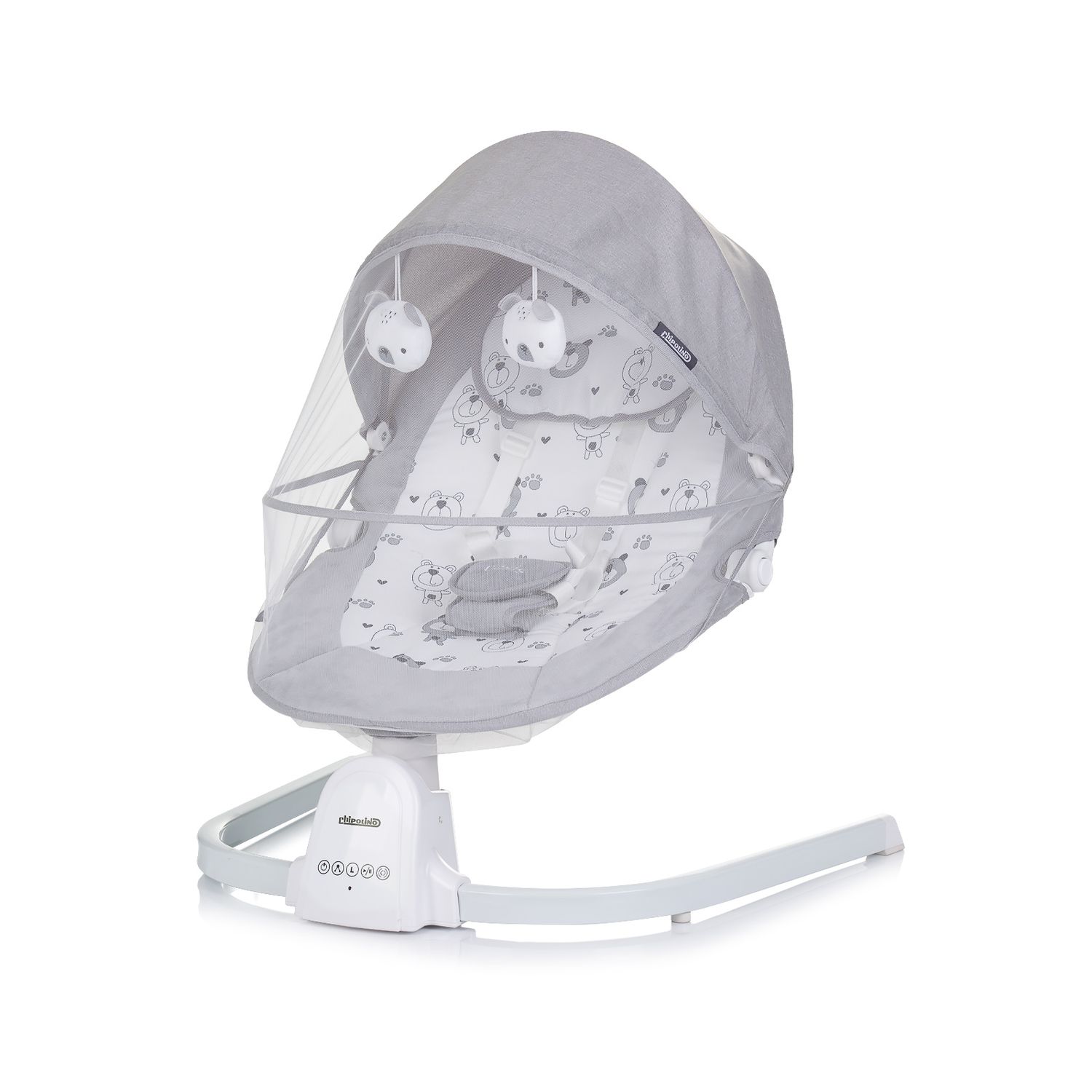 Chipolino Babywippe Oasis Fernbedienung, Timer, Moskitonetz, Gurt, Plüschtiere grau