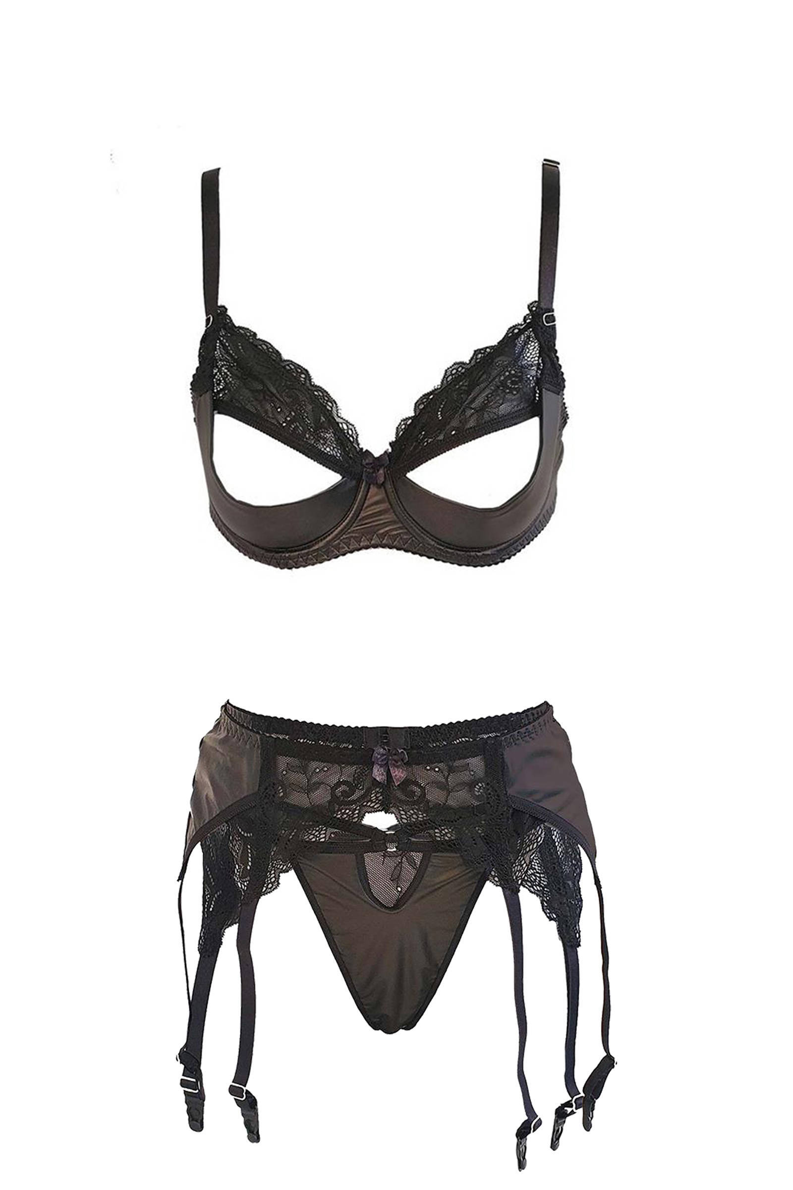 Christine le Duc leerlook beugelbh met string en jarretel Famke  zwart