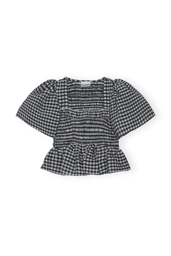 Ganni Seersucker Check Open-neck Smock Bl Egret