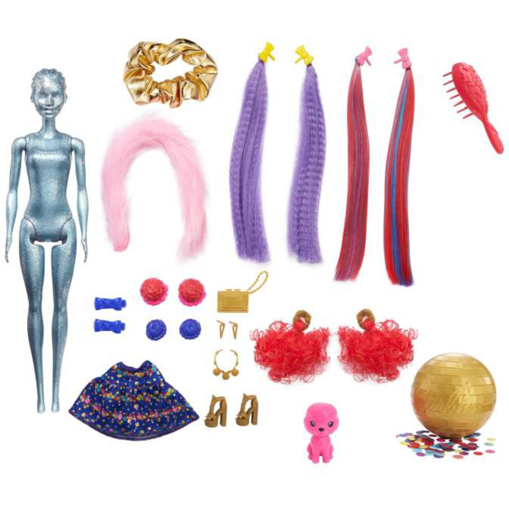 Mattel Puppe Barbie Color Reveal Glitzer! Haarwechsel Puppe Glitzerblau mit 25 Überraschungen