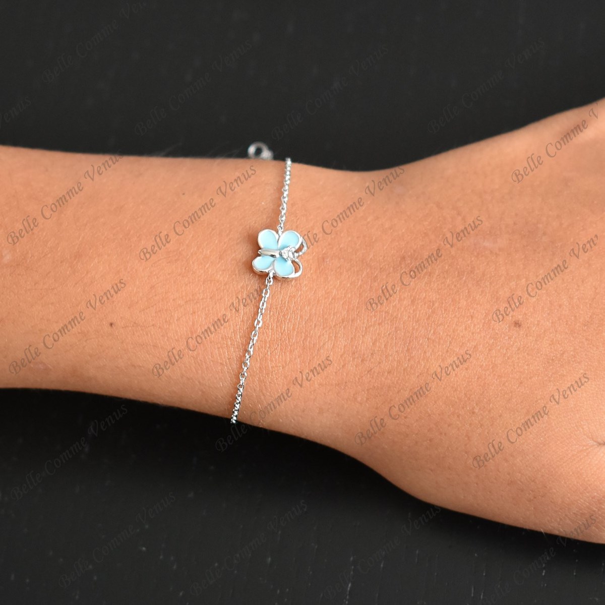 Bracelet papillon émail bleu turquoise et oxyde de zirconium Argent 925 Rhodié