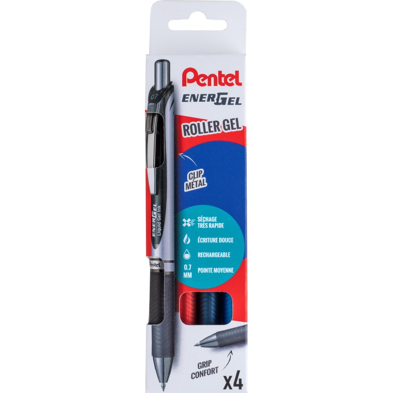Stylo roller Pentel Energel BL77 écriture moyenne - Pochette de 4 couleurs assorties