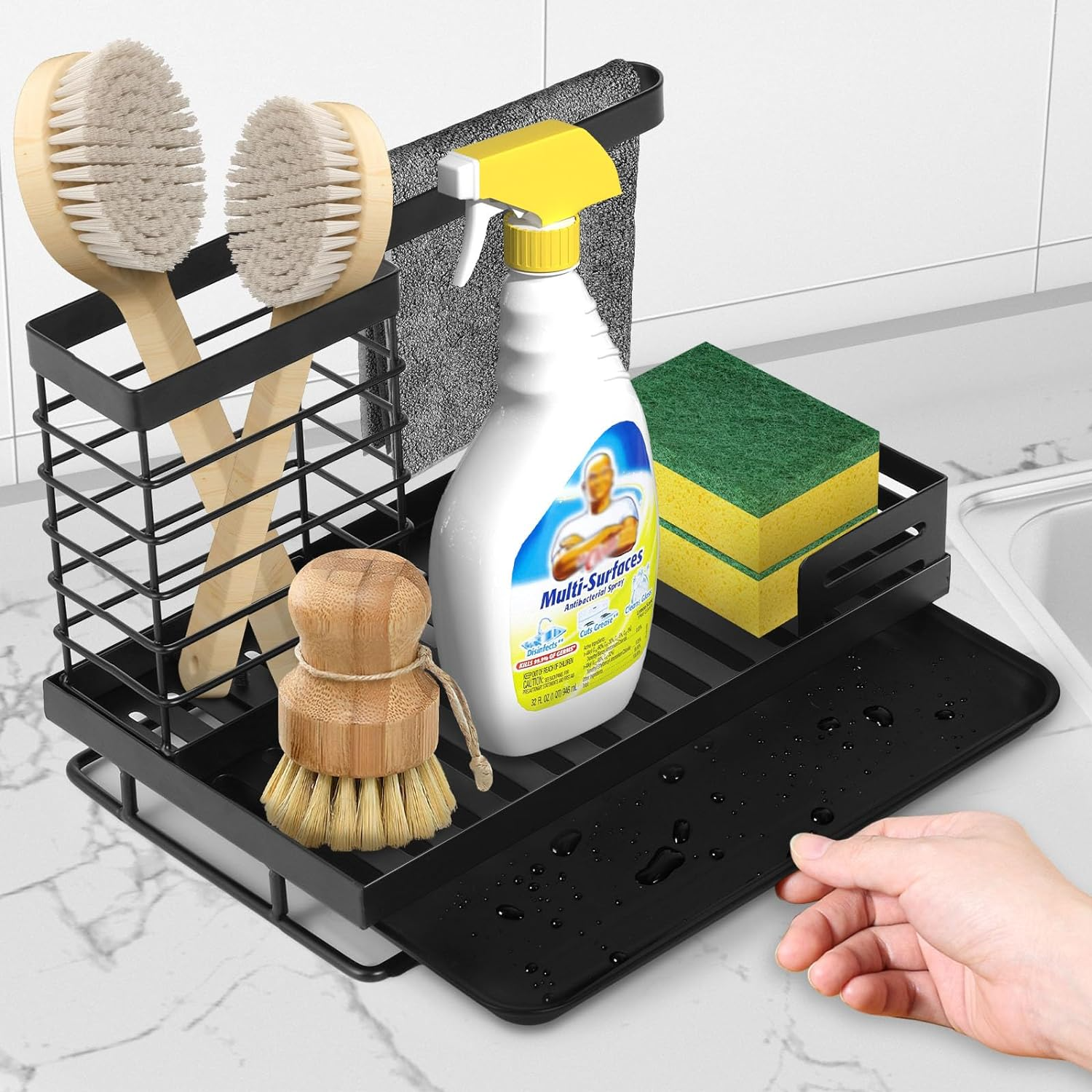 (243x165mm) Metall Multifunktions Spülbecken Küchen Organizer mit Abtropfschale - Schwarz
