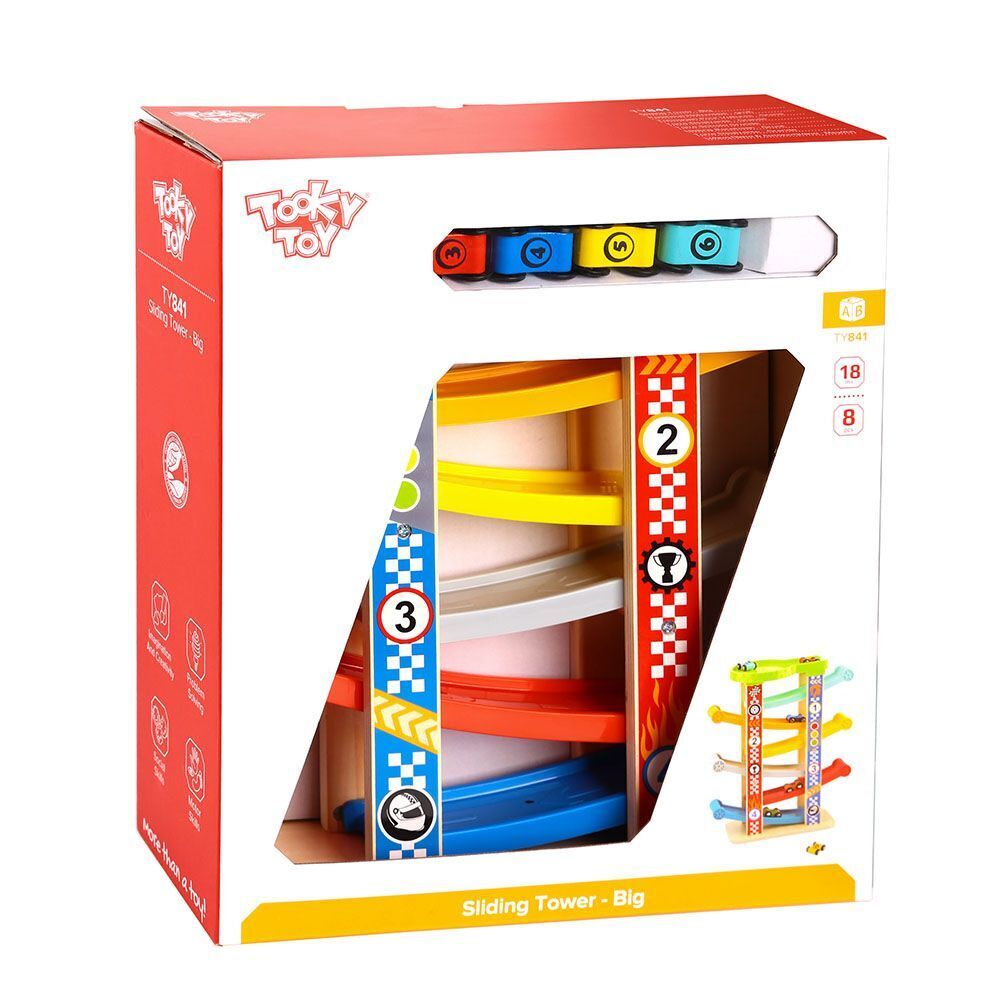 Tooky Toy Holzturm-Rennbahn TY841 Rutschturm auf 7 Ebenen, 6 Rennautos bunt