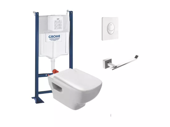 Pack WC suspendu sans bride JACOB DELAFON Struktura + Bati-support GROHE + plaque Start blanc + porte-rouleau carré