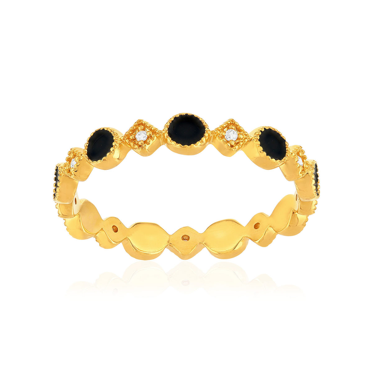 Bague plaqué or jaune perlée, résine noire et zirconias, motif rond et losange.