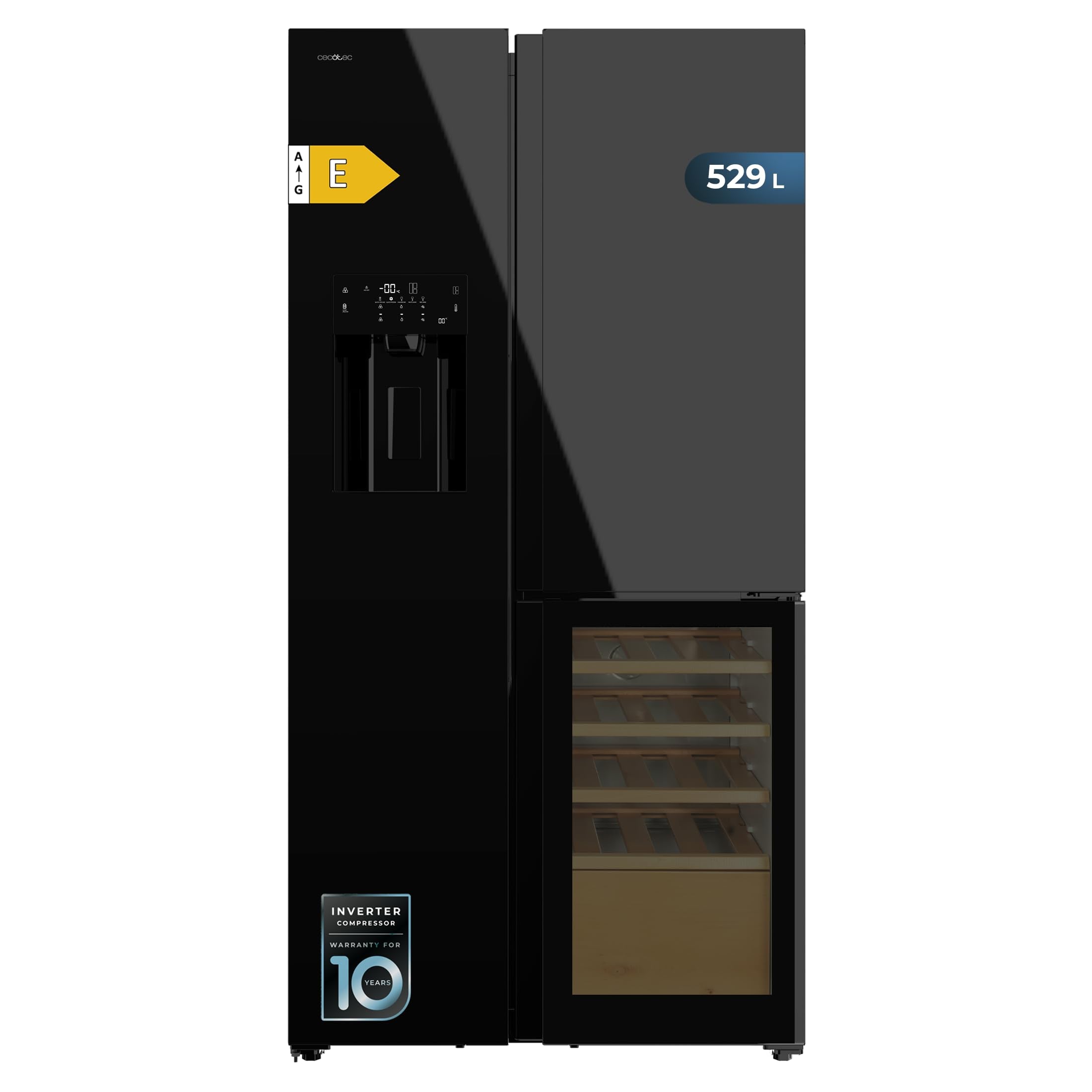 Cecotec Réfrigérateur avec 3 portes Bolero CoolMarket TDW 529 WID Black Glass E. Réfrigérateur 3 portes noir, cave à vin, 529L, Inverter Plus, Total N
