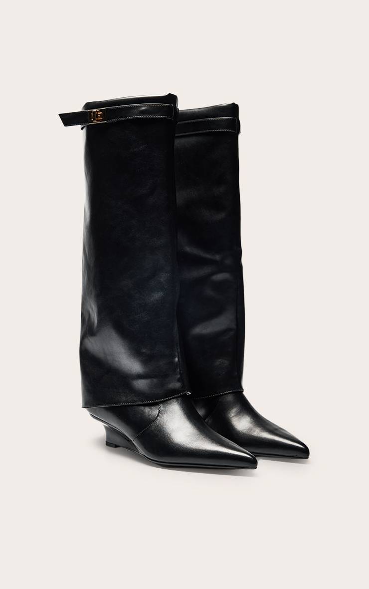Noir Bottes Hautes À Talon Compensé Chaton En Synthétique Avec Revers Pliable