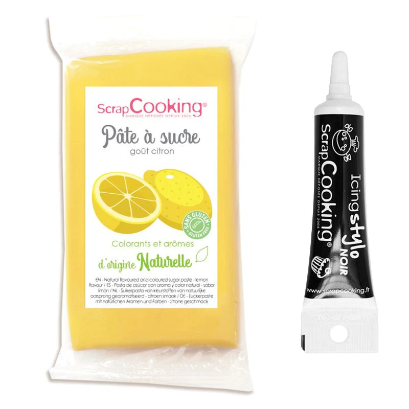 Pâte à sucre jaune sans gluten arôme citron 250 g + Stylo glaçage noir