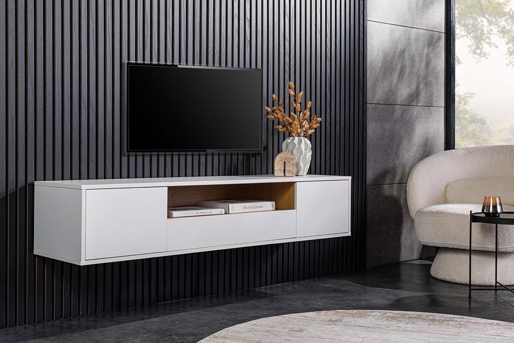 Hängendes TV-Board LOFT 150cm weiß natur fünf Fächer mit Schublade