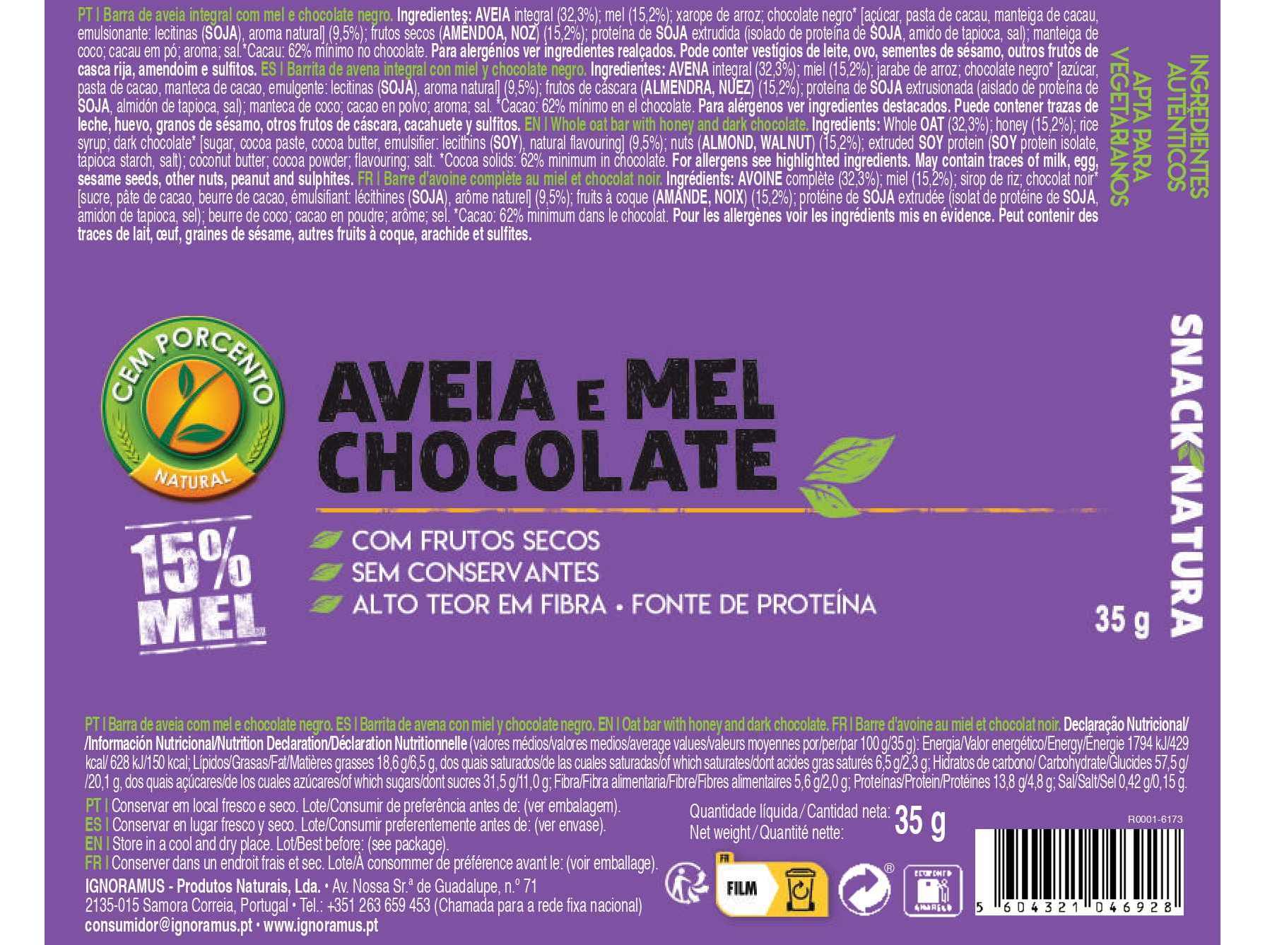 BARRA DE CEREAIS CEM PORCENTO AVEIAMELCHOCOLATE 35G