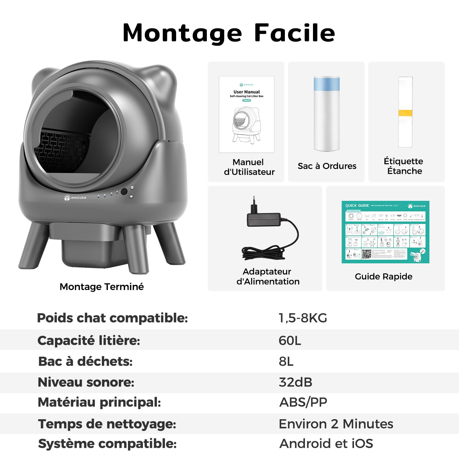 Amicura Cura X1 Litière Chat Autonettoyant avec Contrôle par Application,Capteur de Sécurité (Anti-Pinch), Anti-odeurs, Bac à Litière Autonettoyant, L