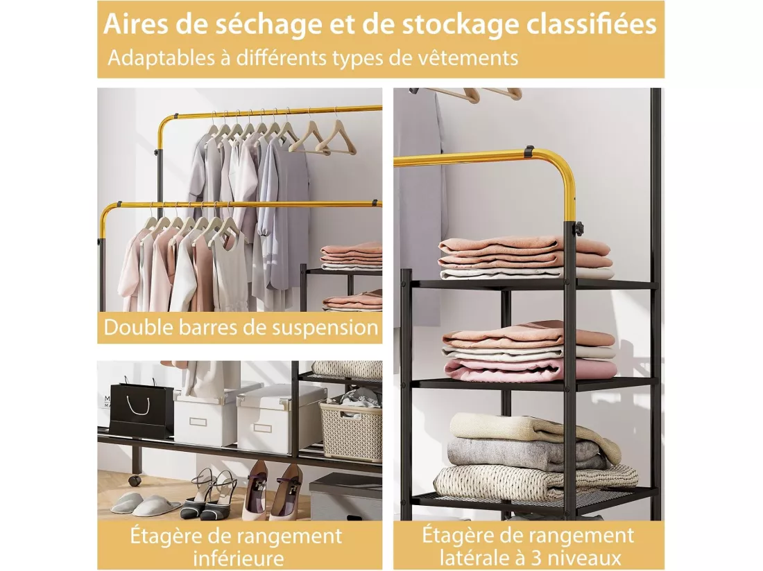 Portant à Vêtements Roulettes, 2 Tringles Réglables en 3 Hauteurs, Portant Vetement Solide avec 3 Étagère, Porte-chaussures, Penderie Vetement Chambre en Métal Robuste(Doré)