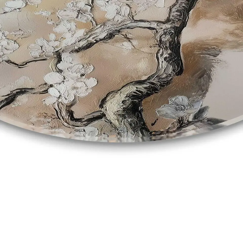 Glasschilderij Boom in bloei - Ø 50cm - Beige