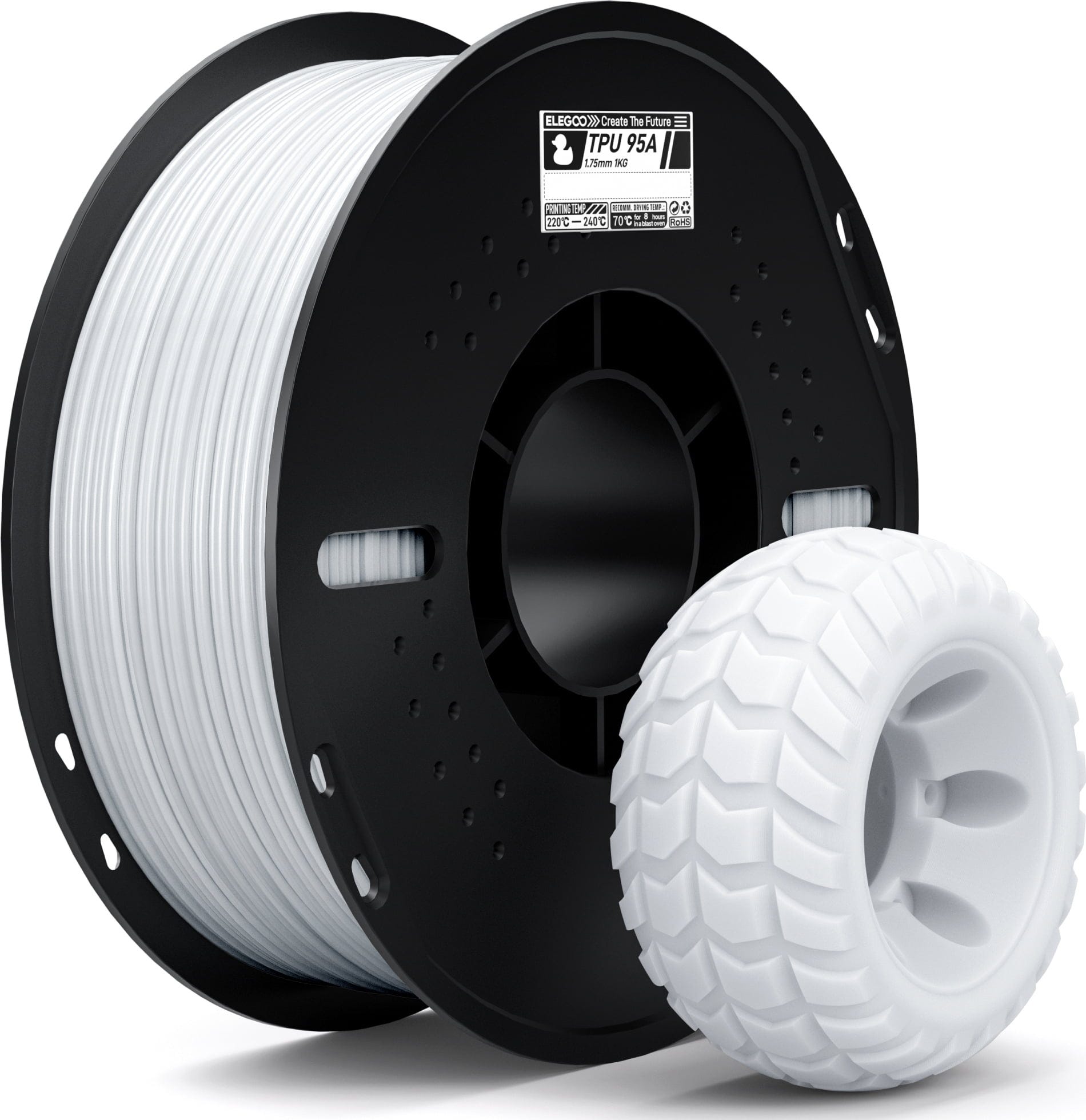 Elegoo  TPU 95A White, 1,75 mm / 1000 g    Elastisches Filaament mit 95A Shore Härte in Weiß