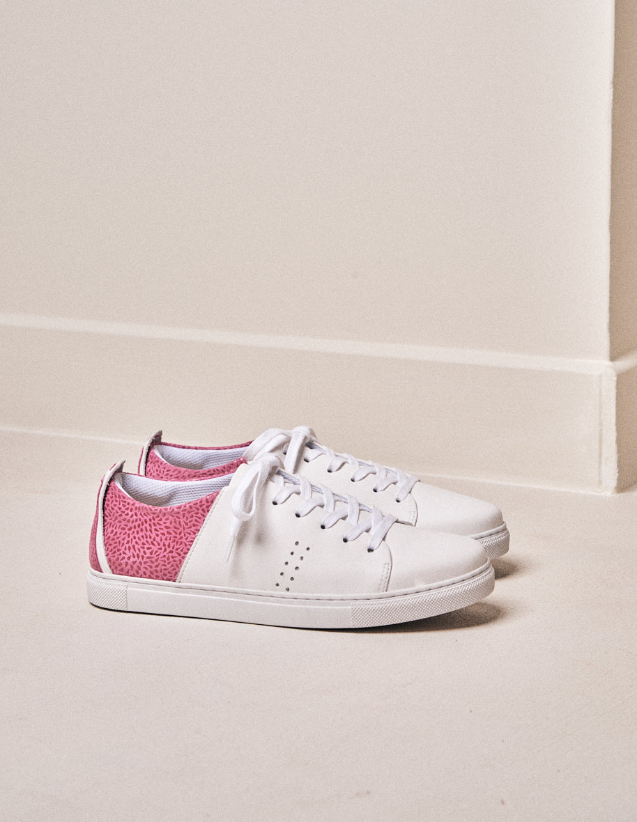 Baskets basses Renée - Cuir blanc et suède floral rose