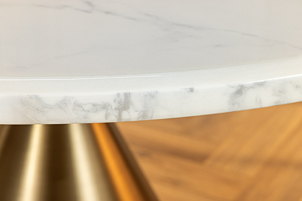 Runder Esstisch ELEGANCIA 130cm weiß Marmor gold Metall mit Säulenfuß