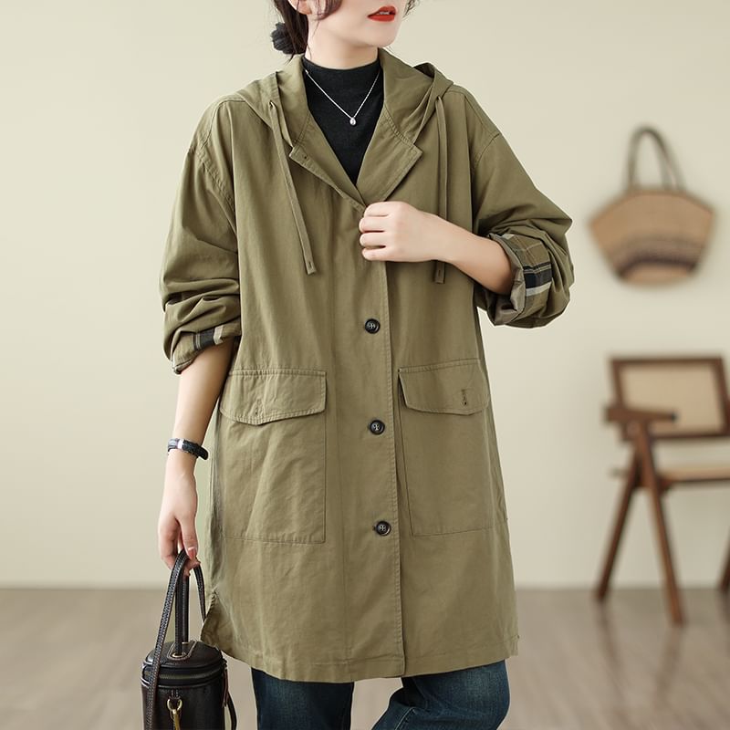 ZIMO - Effen trenchcoat met capuchon en enkele rij knopen