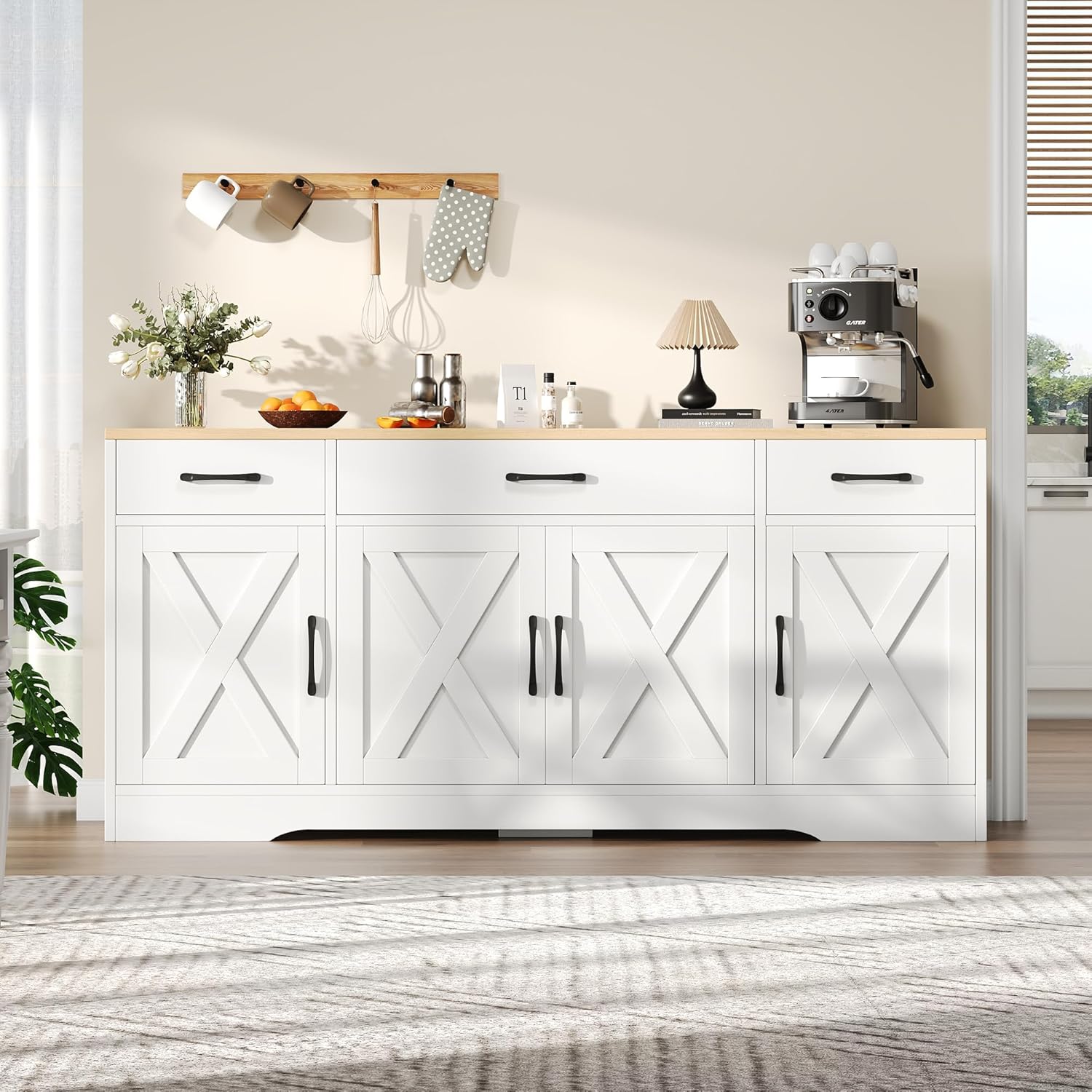 Wiuzo Modernes kommode weiß, Sideboard mit 3 schubladen& 4 Tür, 160x 37 x75 cm Multifunktionsschrank aus Holz, Wohnzimmer esszimmer Schrank, weißes Sideboard mit Dekoration