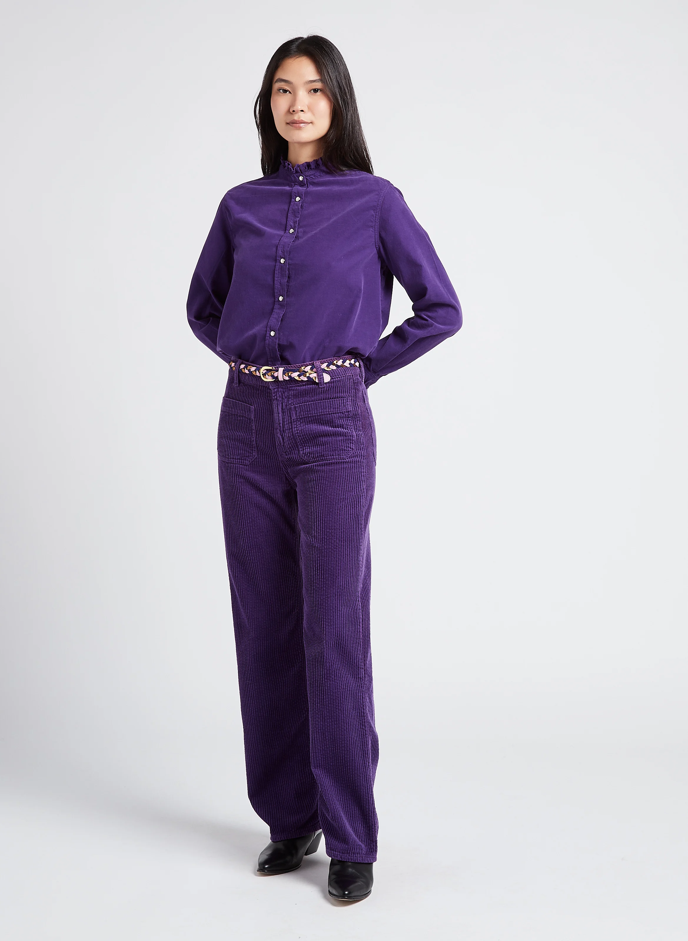 GABY - Chemise col victorien en velours de coton côtelé| Violet