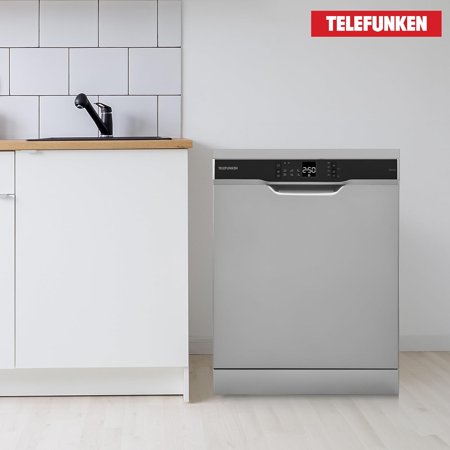 Telefunken Geschirrspüler freistehend 60 cm, Spülmaschine Silber, 12 Maßgedecke, 6 Programme, AquaStop, Startzeitvorwahl, leise 45 dB, Speed-Wash, Eco, höhenverstellbar, Besteckkorb, GFS6012DI