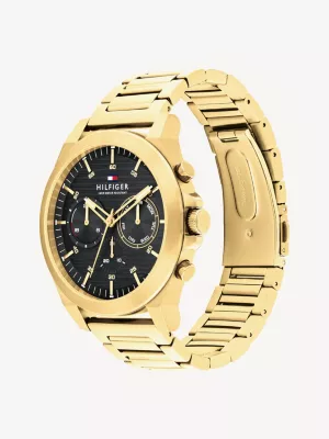 Relógio com pulseira e mostrador preto banhado a ouro