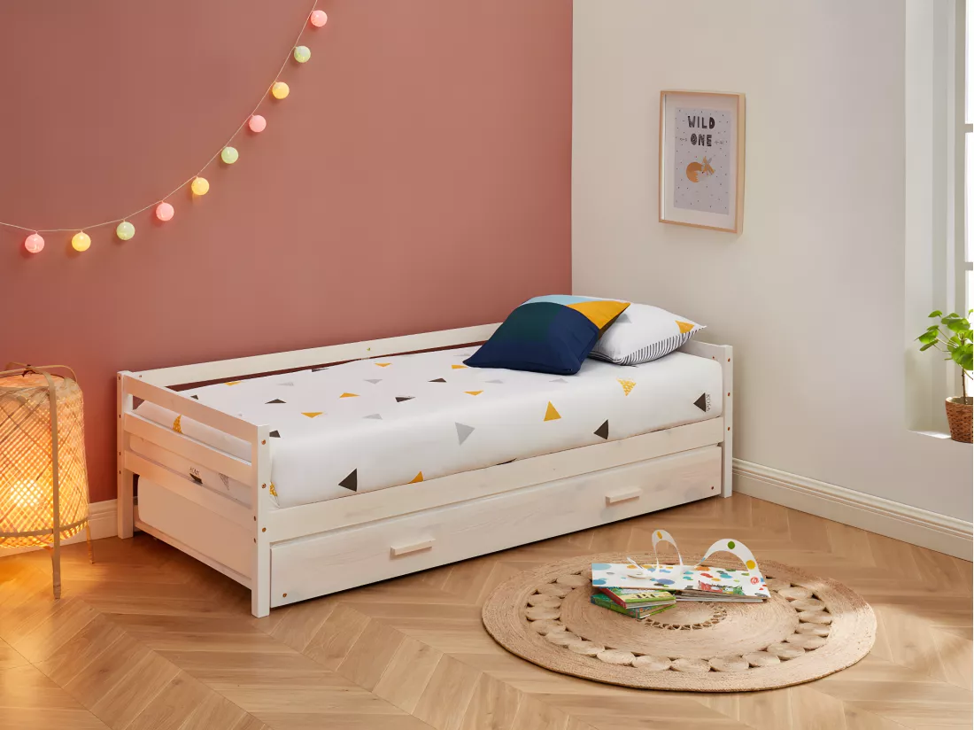 Lit gigogne AEDAN II - 2 x 90 x 190 cm - Pin massif et MDF - Blanchi
