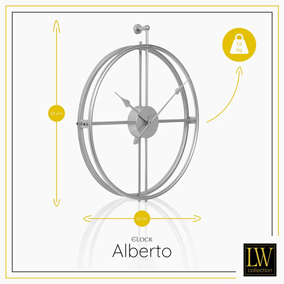 LW Collection Wandklok Alberto zilver 62cm