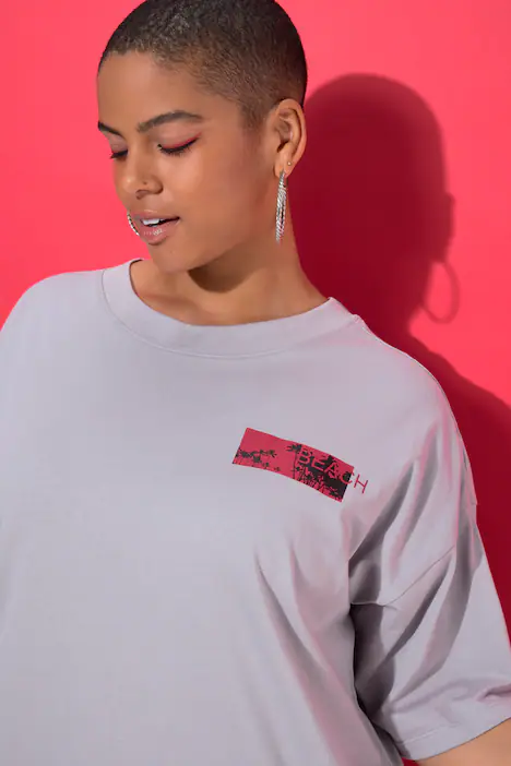 T-Shirt, oversized, Palmen, Halbarm, steingrau