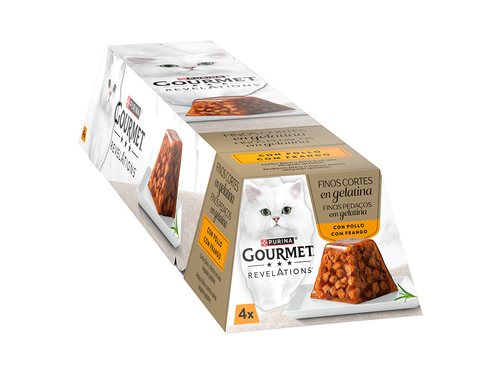 COMIDA HÚMIDA PARA GATO GOURMET REVELATIONS FINOS PEDAÇOS EM GELATINA FRANGO 4X57G