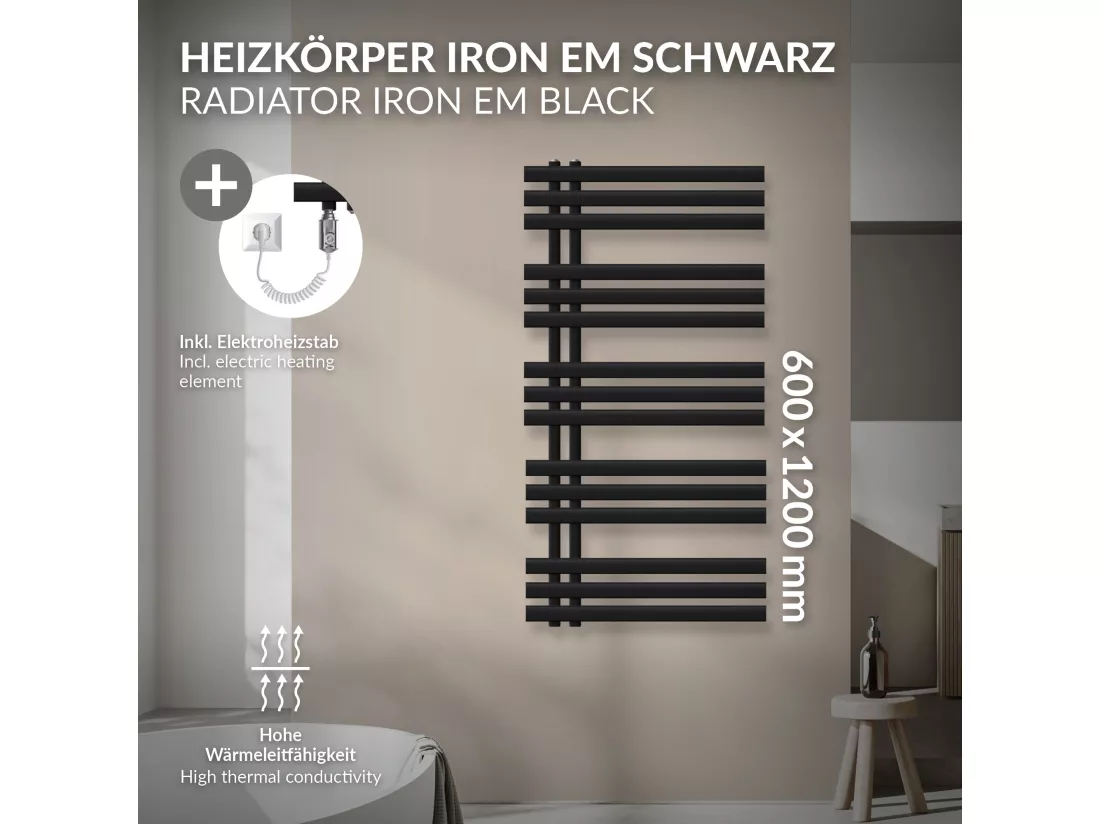Radiateur design Iron EM noir mat en acier 60x120 cm avec tige chauffante 900W