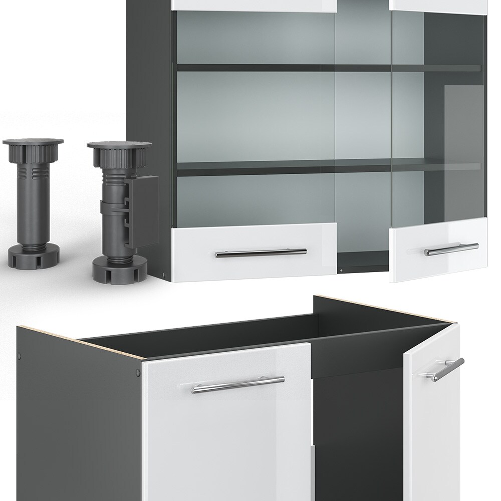 Vicco Küchenzeile Küchenblock Einbauküche Fame-Line Anthrazit Weiß 235 cm modern Hochglanz Küchen Schränke Hängeglasschrank Hängeschrank Schubladenunterschrank Spülenunterschrank Herdumbauschrank