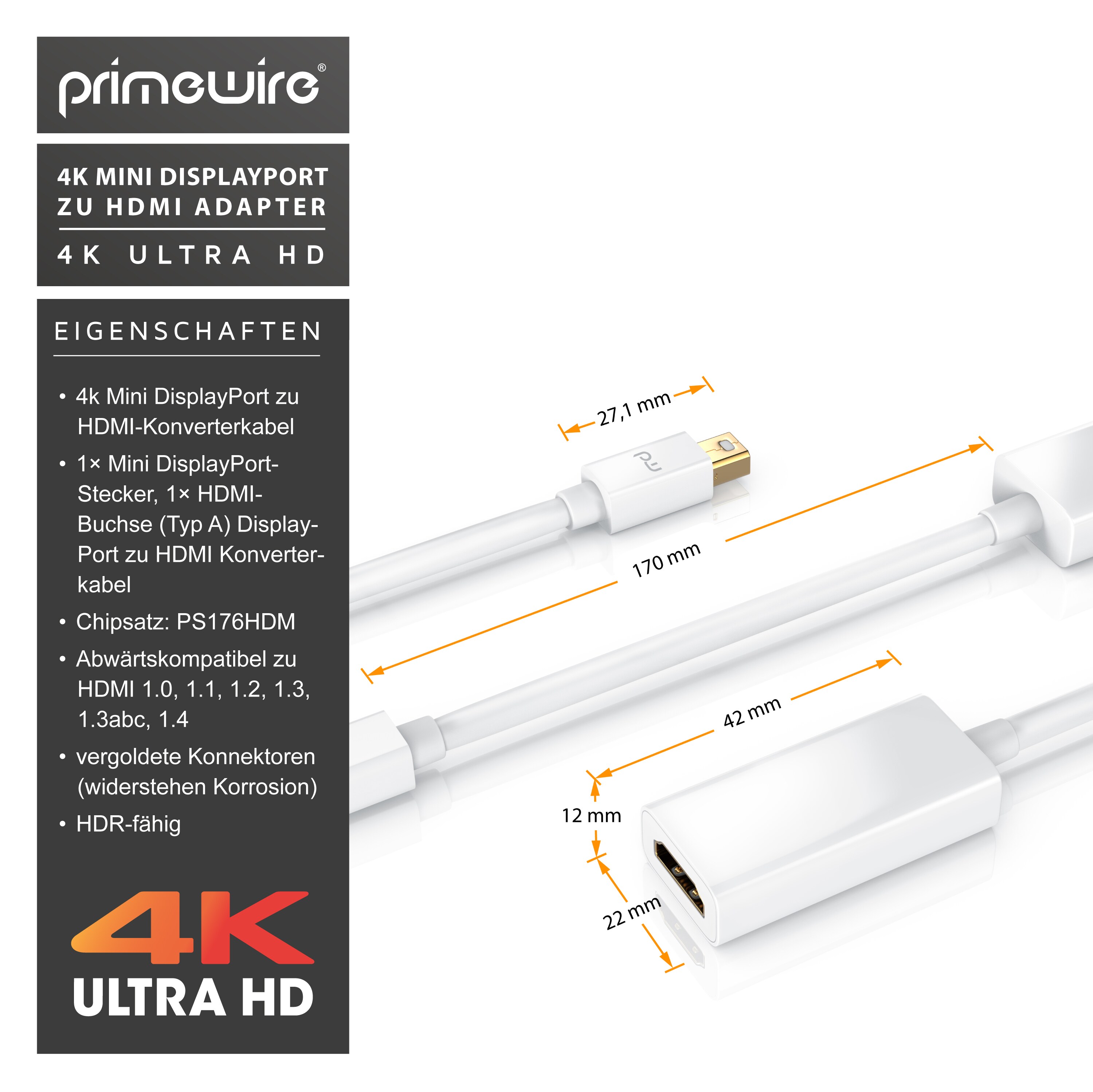 Primewire Mini DisplayPort zu HDMI Adapter, Ultra HD 4k MiniDP zu HDMI Buchse Monitor Konverter, Adapterkabel