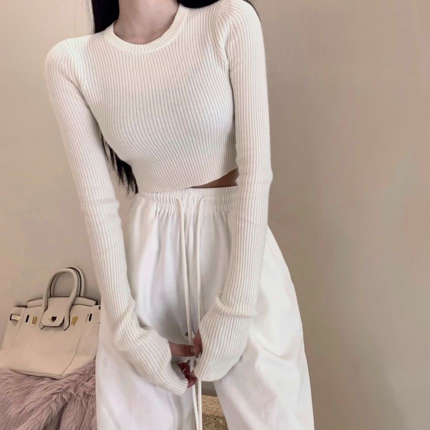 Adoree - Lange mouwen ronde hals effen geribbelde crop top