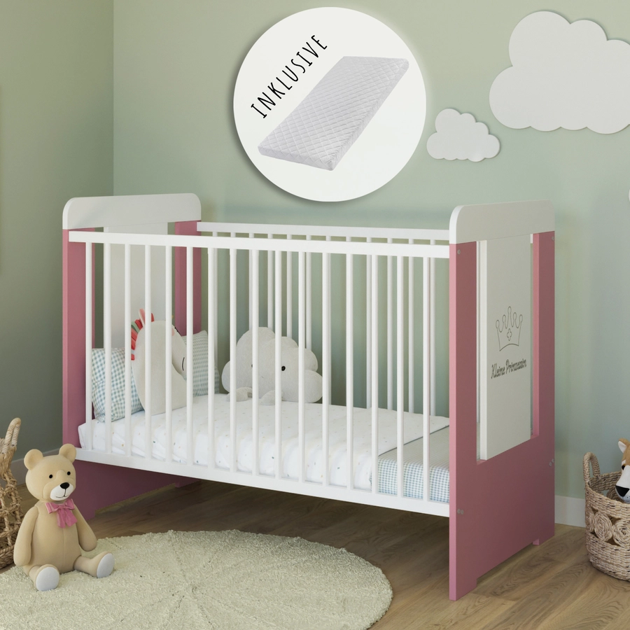 Kids Collective Babybett Gitterbett 60x120 höhenverstellbar|herausnehmbare Sprossen weißrosa mit Matratze
