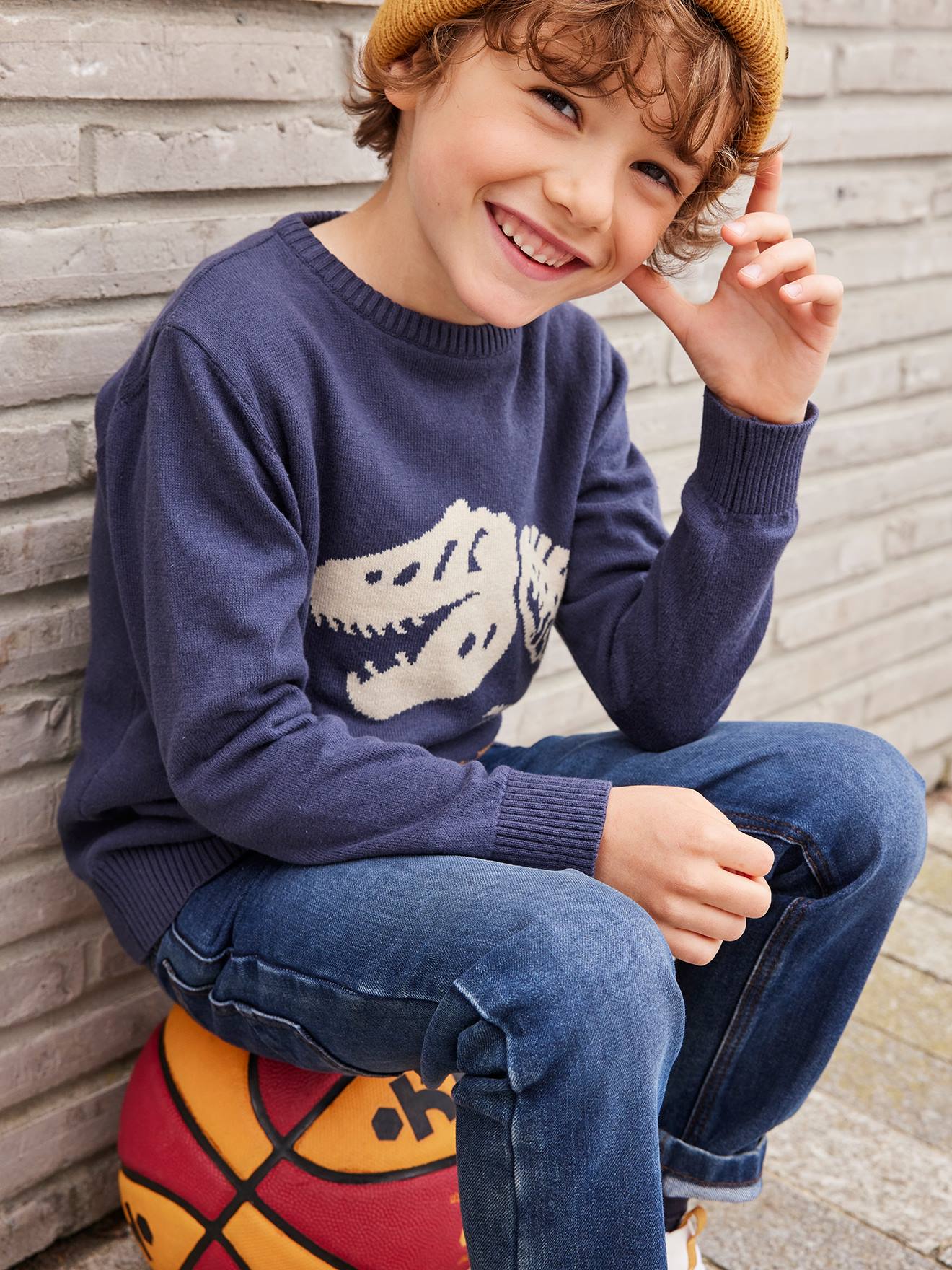 Suéter jacquard com dinossauro, para meninos, azul médio liso com estampas.