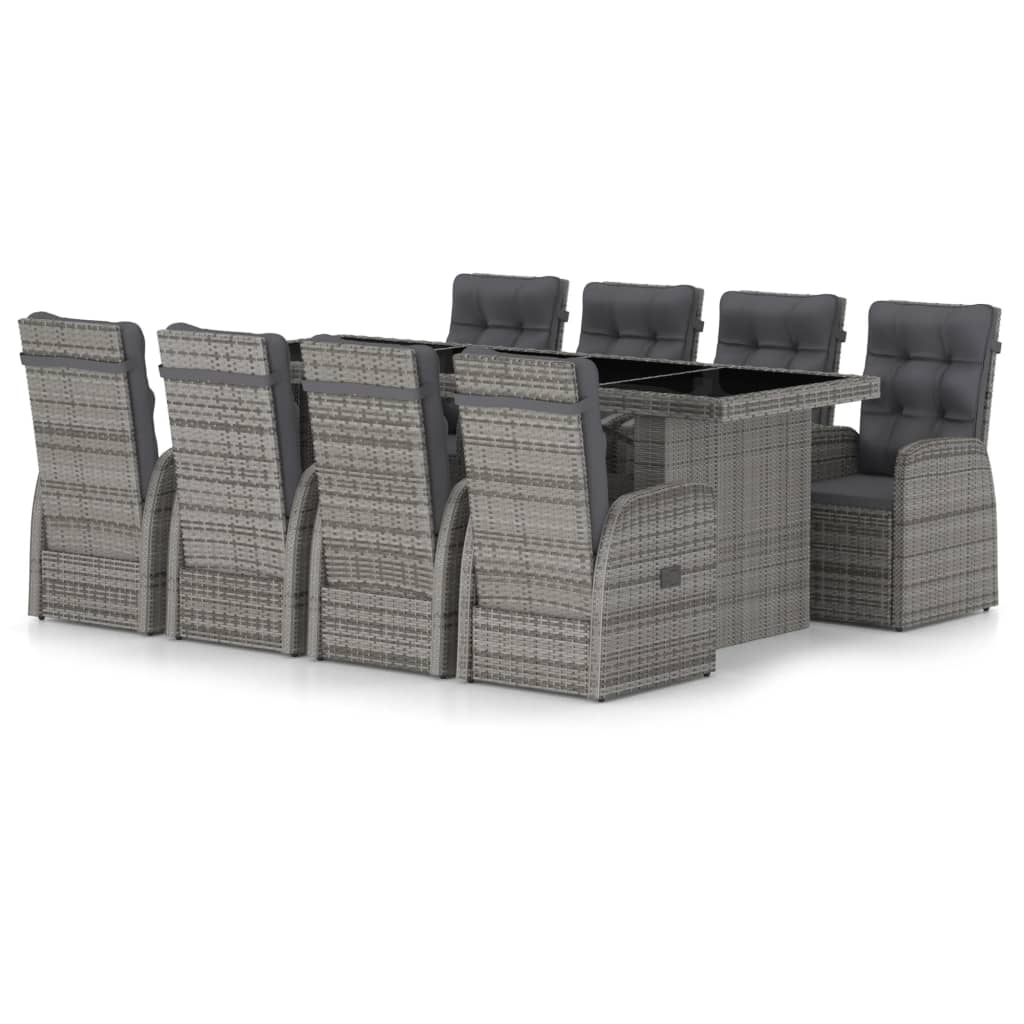 Mobilier à dîner jardin 9 pièces avec coussins résine tressée gris